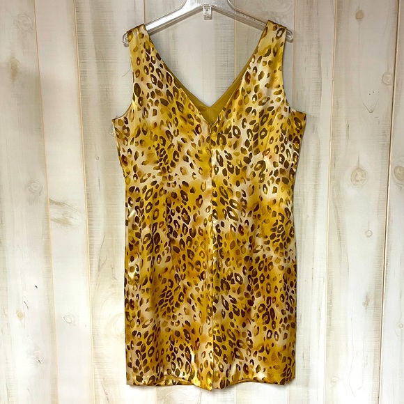 Blushe Impressions Like New Gold Brown Animal Print V Neck Silk Slip Dress Sz 16 - Picture 2 of 6